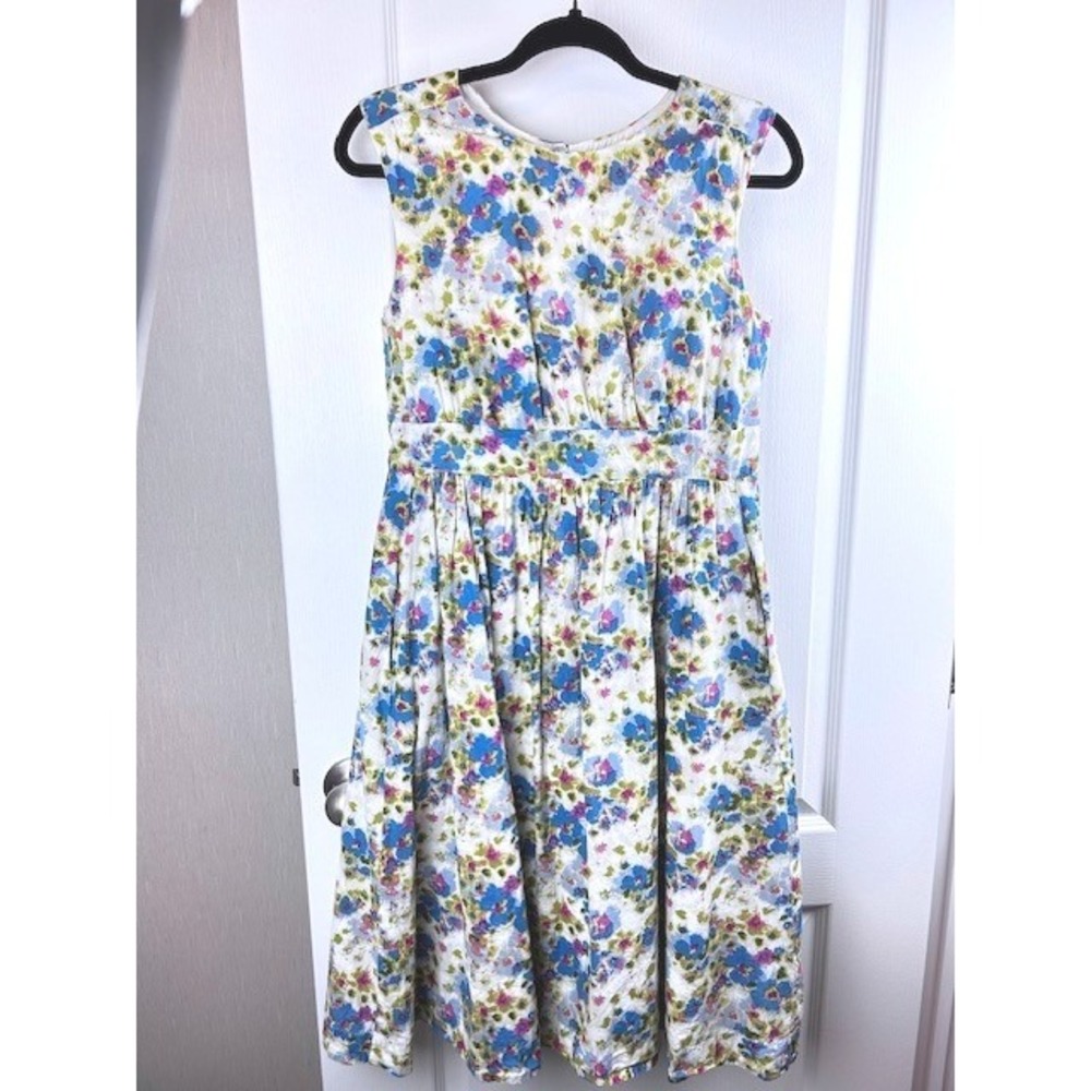 Emily and Fin Floral Watercolor Fit and Flare Dress Blue Purple Green Size M